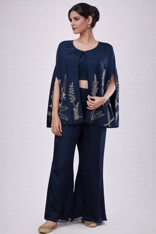 Navy Blue Chinnon Trouser Suit with Stone Work for Party