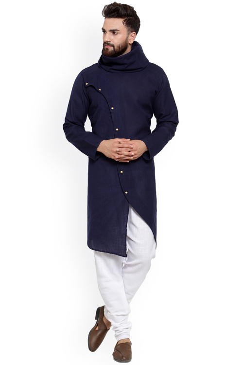 Navy Blue Cotton Blend Men Kurta With Churidar