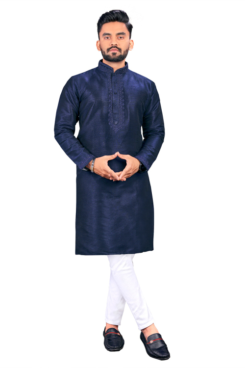 Navy Blue Cotton Dori Embroidered Straight Cut Men's Kurta 