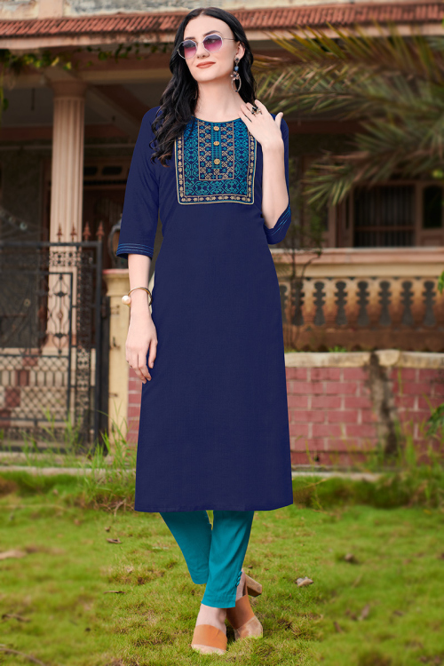 Navy Blue Straight Cut Casual Wear Kurti in Cotton