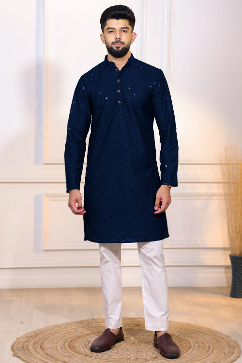 Navy Blue Cotton Embroidered Men's Kurta Pajama
