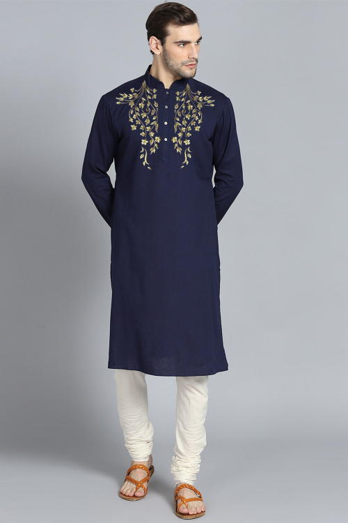 Navy Blue Cotton Embroidered Straight Cut Men's Kurta With Churidar
