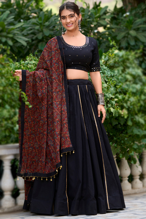 Navy Blue Cotton Flared Style Chaniya Choli With Gota Patti 