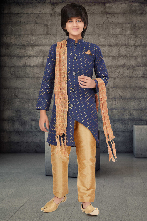 Navy Blue Cotton Foil Printed Indo-Western Kid's Sherwani 