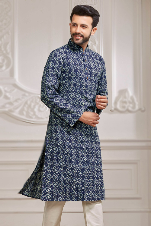 Navy Blue Cotton Printed Festival Wear Men's Kurta
