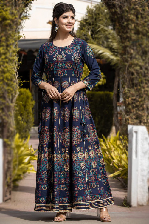 Navy Blue Cotton Printed Gown
