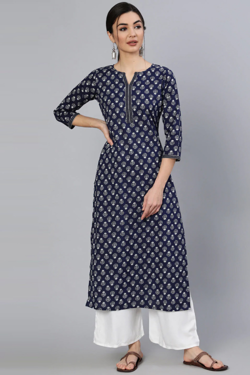 Navy Blue Cotton Printed Kurti
