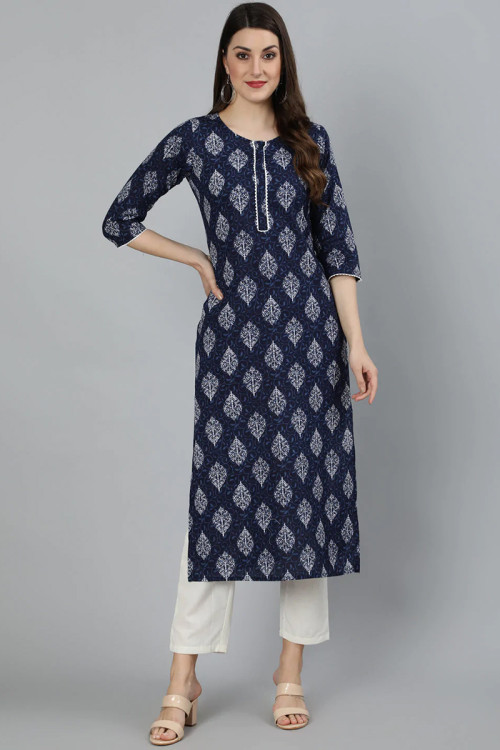 Cotton Kurti with Lace Embroidery in Navy Blue for Party 