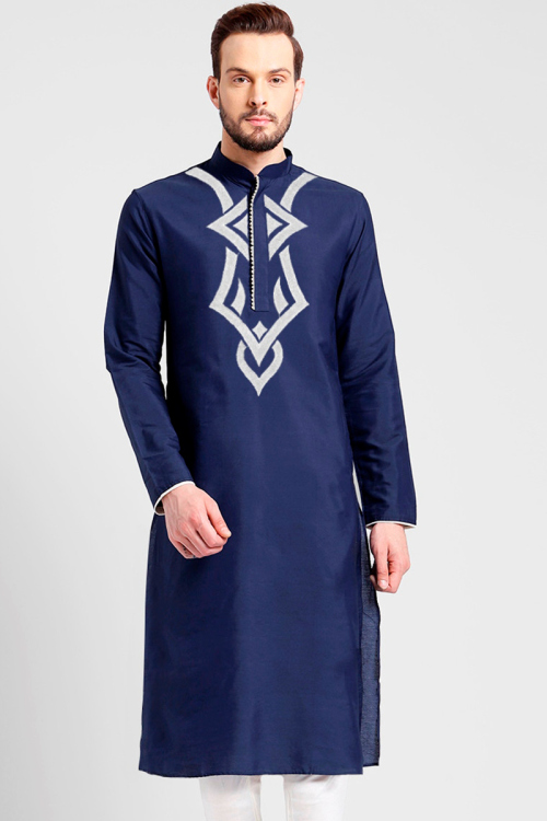 Navy Blue Cotton Printed Straight Cut Men's Kurta