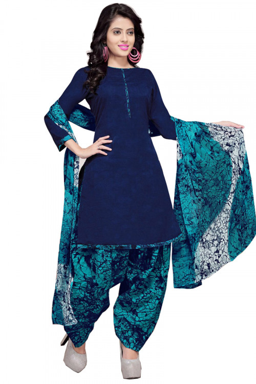 Navy Blue Cotton Printed Straight Cut Patiala Suit