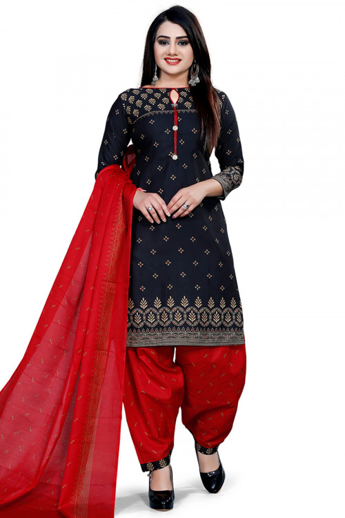 Navy Blue Cotton Printed Straight Cut Patiala Suit