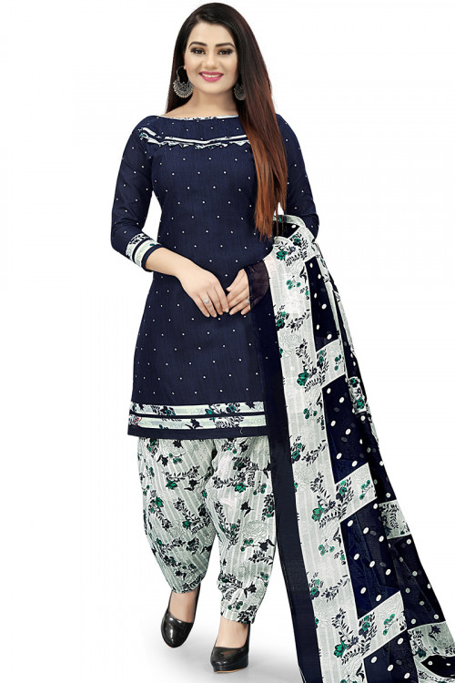 Navy Blue Cotton Printed Straight Cut Patiala Suit 