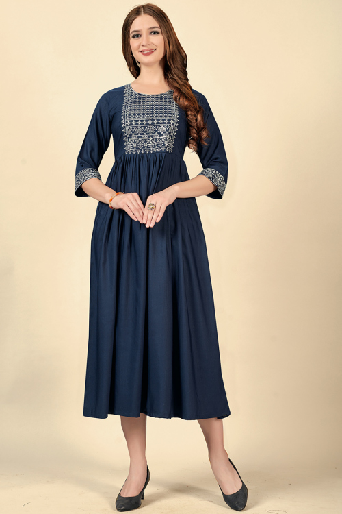 Navy Blue Cotton Rayon Calf Length Kurti
