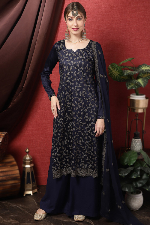 Navy Blue Cotton Rayon Embroidered Straight Cut Palazzo Suit 
