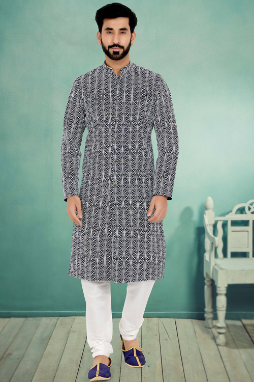 Navy Blue Cotton Silk Churidar Men Kurta Churidar