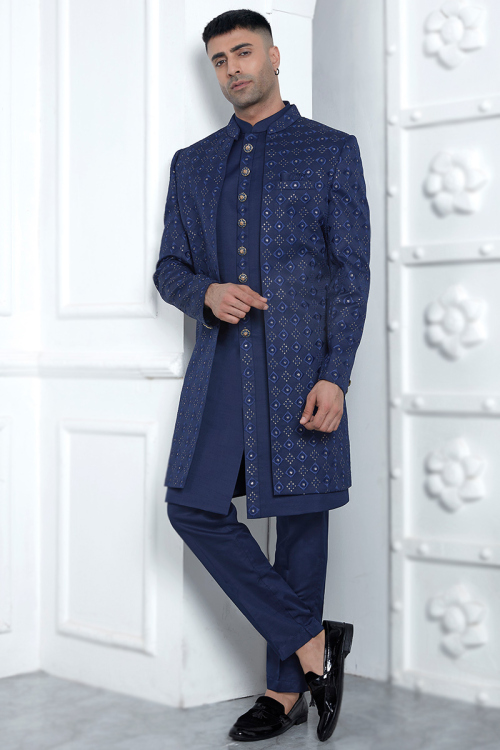 Navy Blue Cotton Silk Embroidered Jacket Style Men's Sherwani