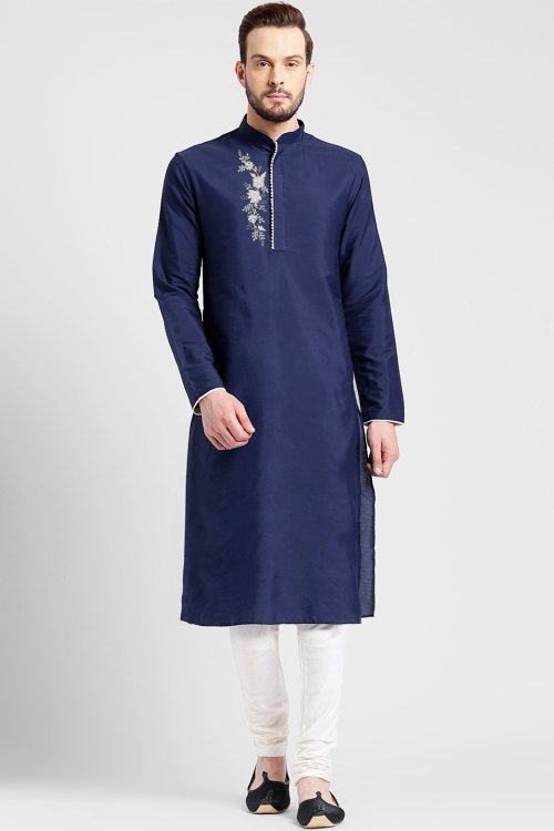 Navy Blue Cotton Silk Embroidered Straight Cut Men's Kurta With Churidar