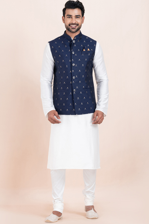 Navy Blue Cotton Silk Embroidered Waistcoat For Men 