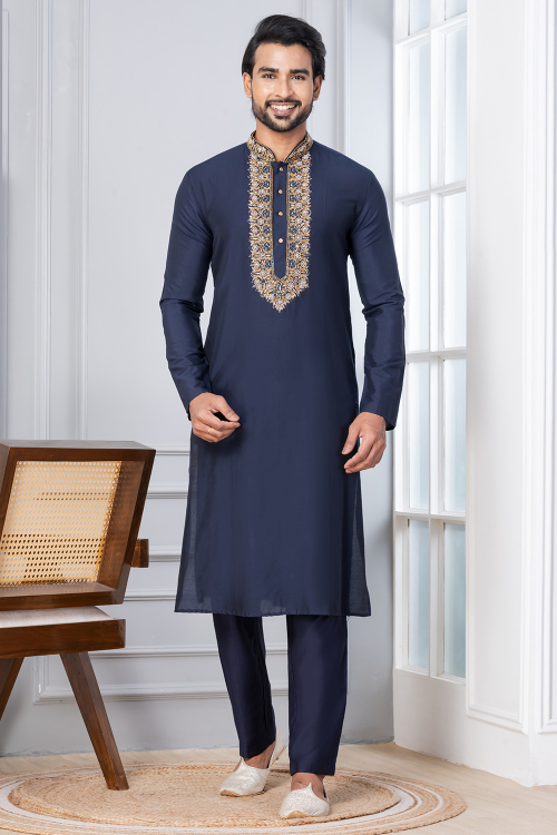 Navy Blue Cotton Silk Men's Embroidered Kurta Pajama
