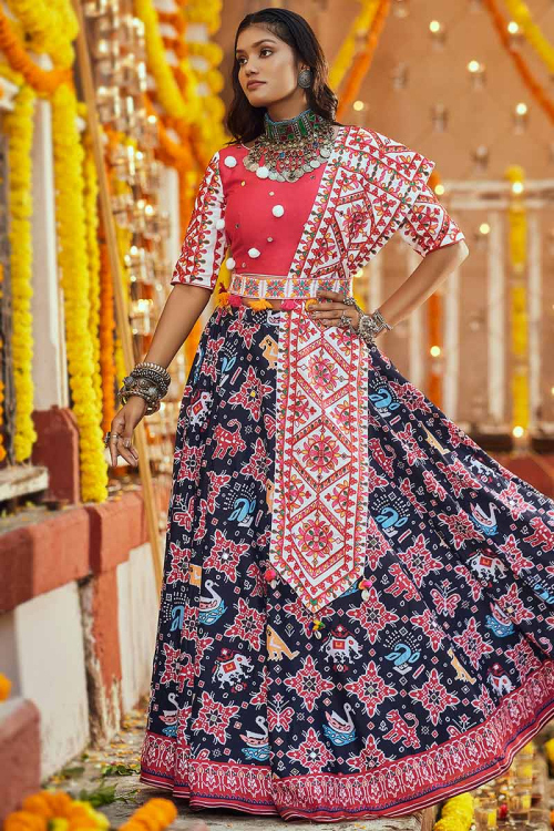Navy Blue Cotton Silk Printed Lehenga