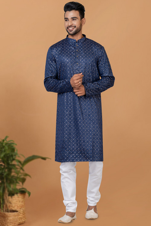 Navy Blue Cotton Silk Sequins Embroidered Straight Cut Men's Kurta Pajama