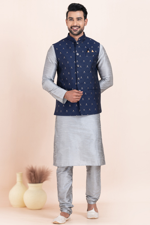 Navy Blue Cotton Silk Weaved Waistcoat For Men