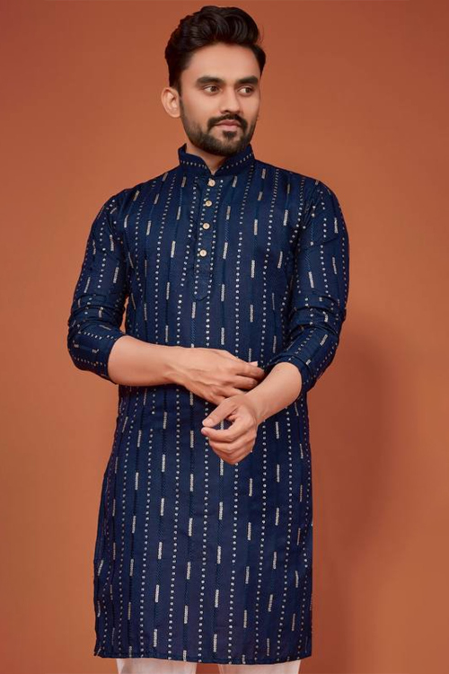 Navy Blue Cotton Straight Cut Men's Embroidered Kurta