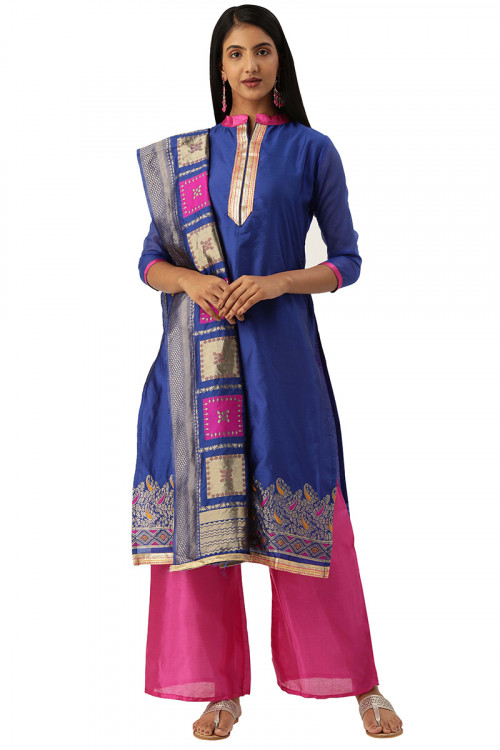 Navy Blue Cotton Weaved Straight Cut Palazzo Suit 