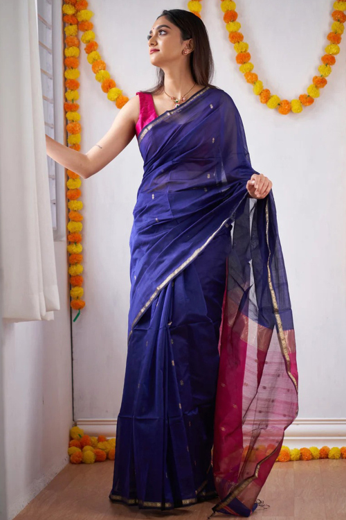 Navy Blue Cotton Woven Zari Casual Wear Saree