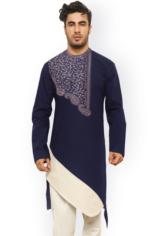 Navy Blue Cotton Zari Embroidered Men's Kurta