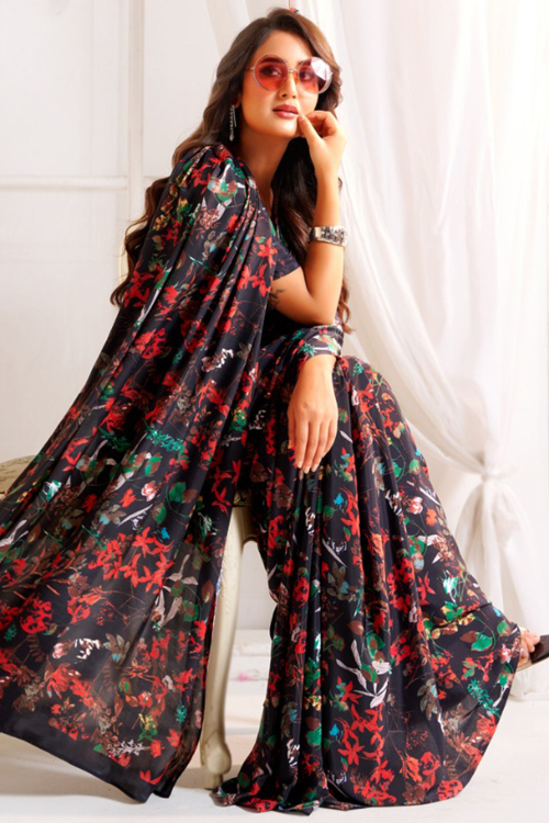 Navy Blue Crepe Saree With Printed Work For Casual Wear