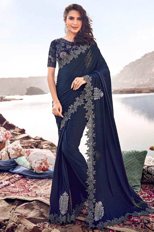 Navy Blue Crepe Saree With Silk Blouse