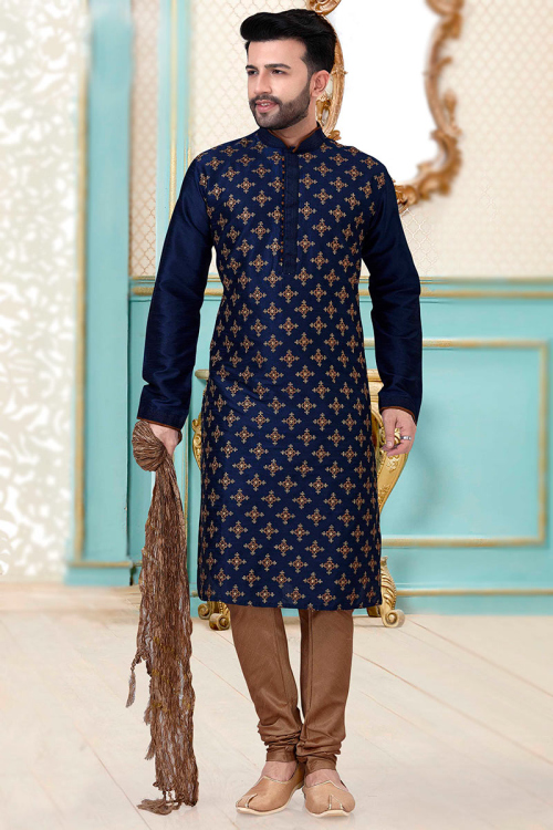 Navy Blue Dupion Silk Embroidered Men Kurta With Churidar