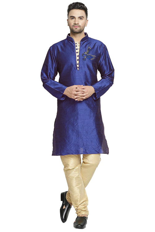 Navy Blue Dupion Silk Embroidered Straight Cut Men's Kurta Churidar