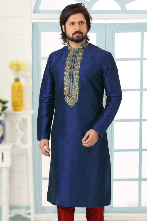 Navy Blue Dupion Silk Embroidered Straight Cut Men's Kurta