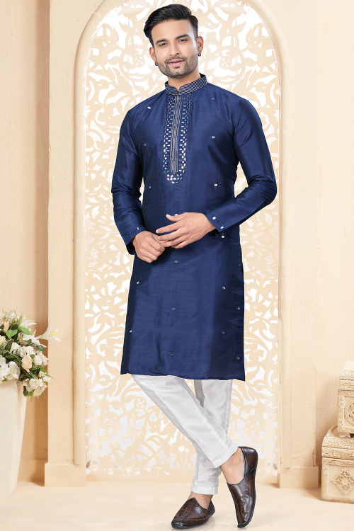 Navy Blue Dupion Silk Embroidered Straight Cut Men's Kurta Pajama