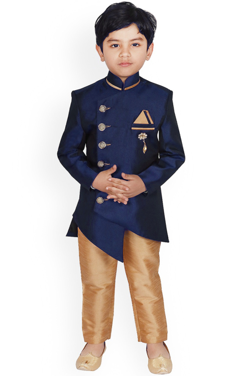 Men Sherwani for Wedding Wear in Dupion Silk Navy Blue