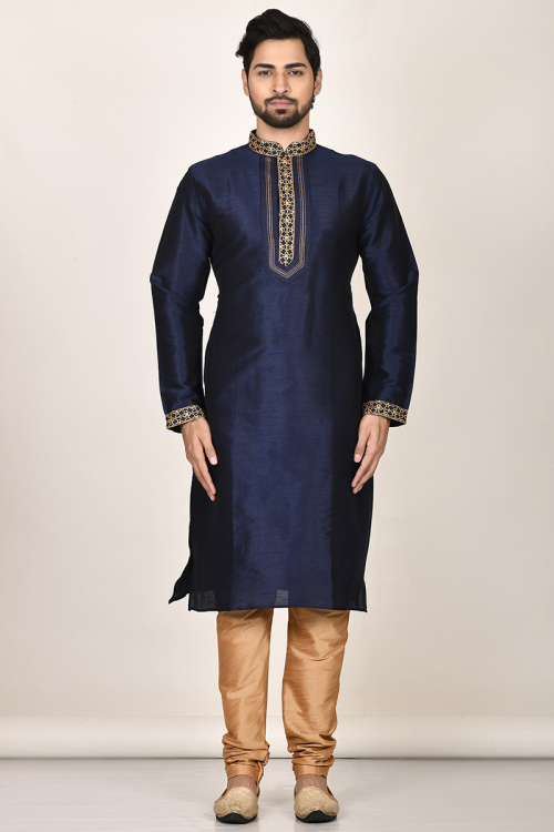 Navy Blue Dupion Silk Men Kurta With Churidar