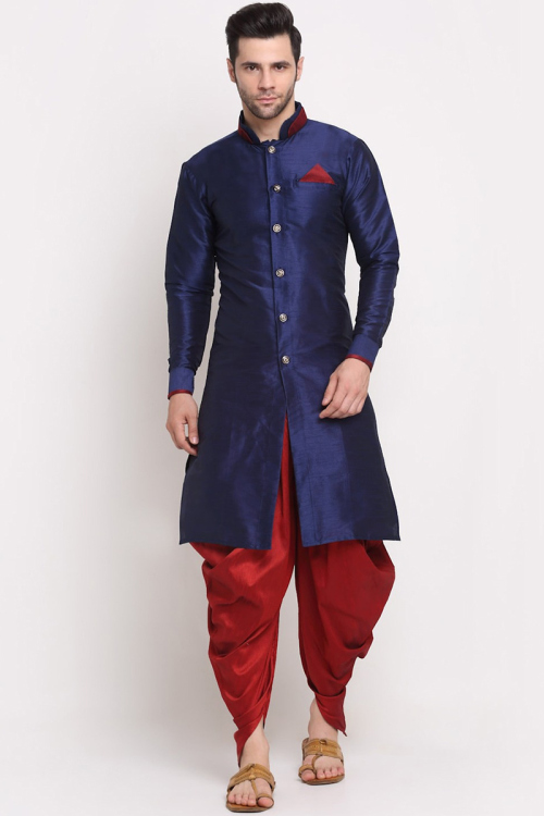 Navy Blue Dupion Silk Men's Dhoti Kurta