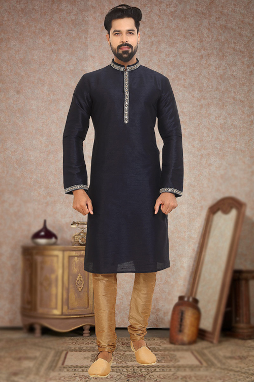 Navy Blue Dupion Silk Men's Kurta With Churidar
