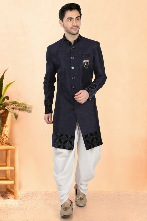 Navy Blue Dupion Silk Men's Sherwani with Stone Work for Wedding