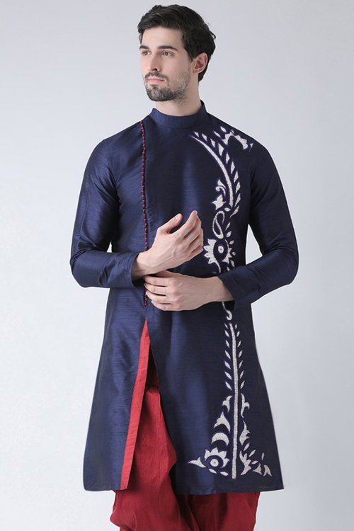 Dupion Silk Men Kurta in Navy Blue colour for Party 