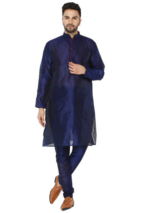 Navy Blue Dupion Silk Men's Kurta Pajama in Solid Finish