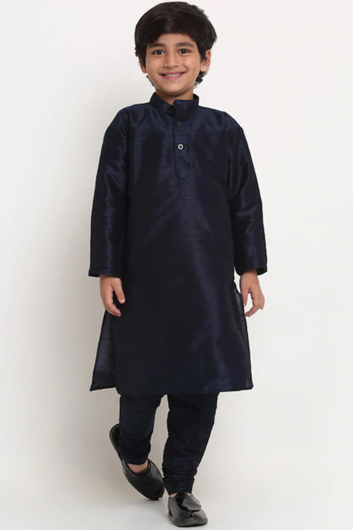 Navy Blue Dupion Silk Straight Cut Kid's Kurta churidar