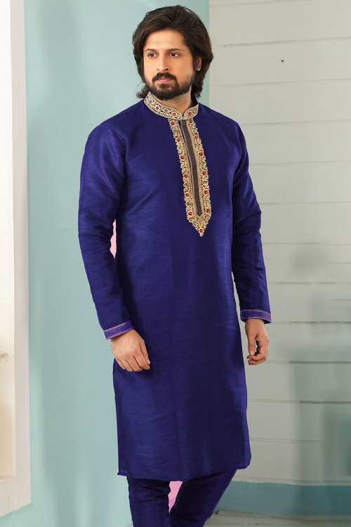 Navy Blue Dupion Silk Zari Embroidered Straight Cut Men's Kurta