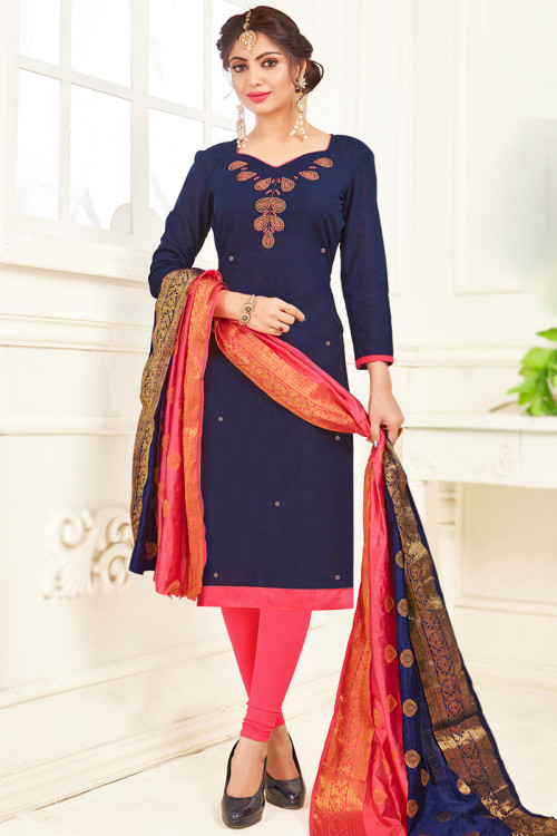 Navy Blue Embroidered Cotton Casual Wear Churidar Suit 