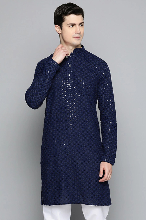 Navy Blue Embroidered Cotton Rayon Men's Kurta Pajama 