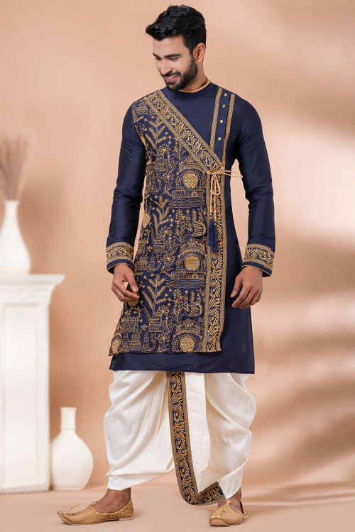 Navy Blue Embroidered Cotton Silk Men's Kurta With Dhoti