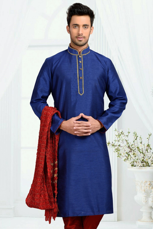 Navy Blue Embroidered Dupion Silk Straight Cut Men's Kurta