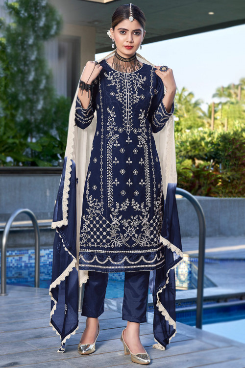 Navy Blue Embroidered Georgette Straight Cut Trouser Suit 